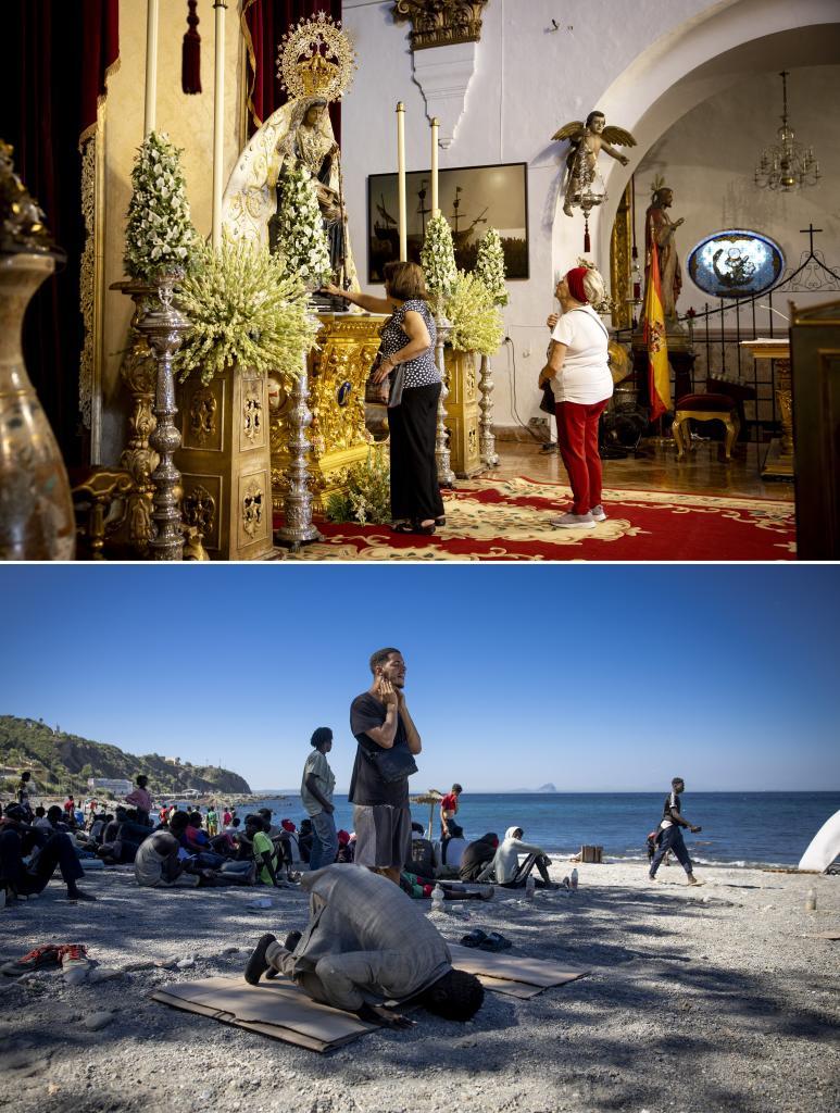 Arriba, dos mujeres rezan a la Virgen de África, la patrona de Ceuta. Abajo, dos inmigrantes rezan sobre la arena en la playa del Trampolín.
