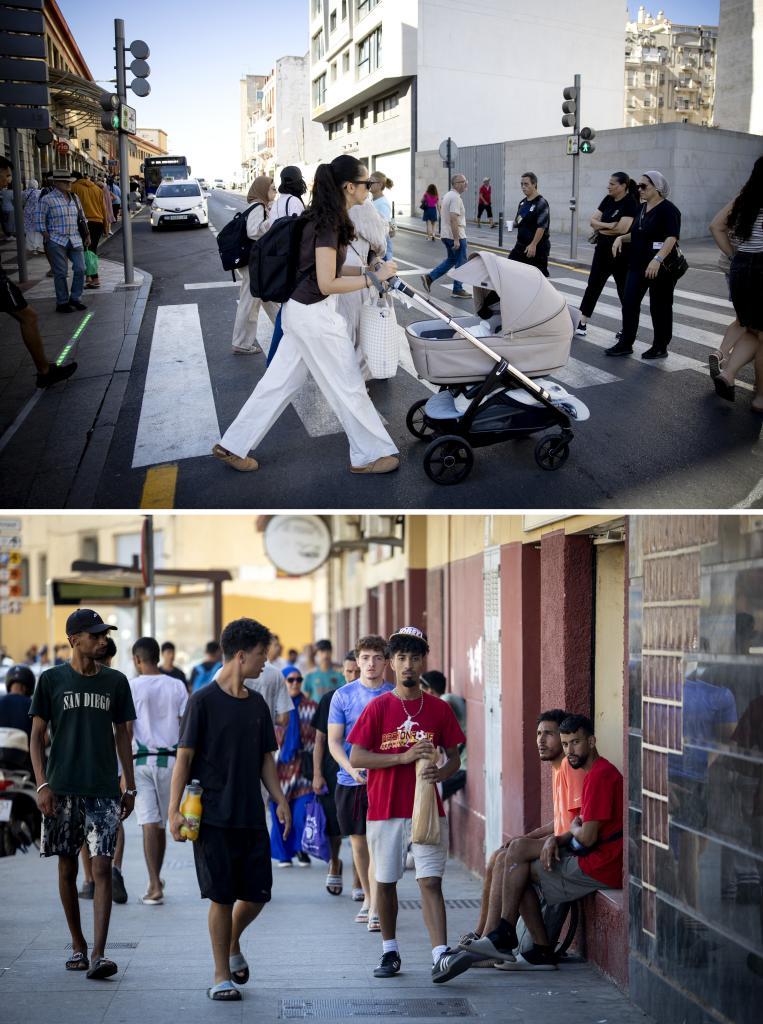 Arriba, ambiente de compras por el centro de Ceuta. Abajo, varios inmigrantes llevan alimentos en el barrio de Los Rosales.