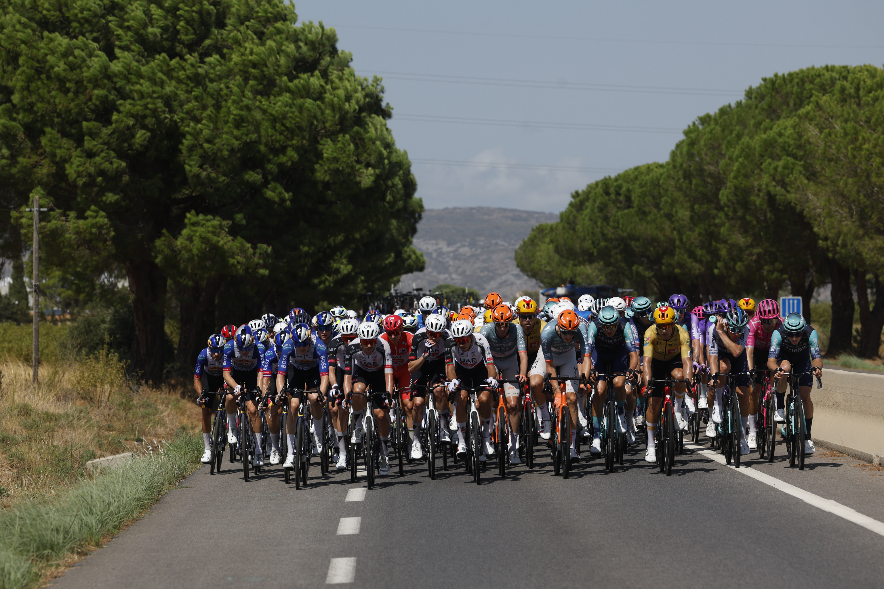 GRUISSAN (FRANCIA), 24/08/2026.- El pelot�n, durante la tercera etapa de media monta�a de la  lt;HIT gt;Vuelta lt;/HIT gt; a  lt;HIT gt;Espa�a lt;/HIT gt; 2026 que discurre entre las poblaciones francesas de Gruissan y Font- Romeu, sobre166,7 kil�metros de recorrido y que incluye los puertos de Col de Mont-Luis y Font Romeu, primera y segunda catagor�a, respectivamente. EFE/ Javier Liz�n