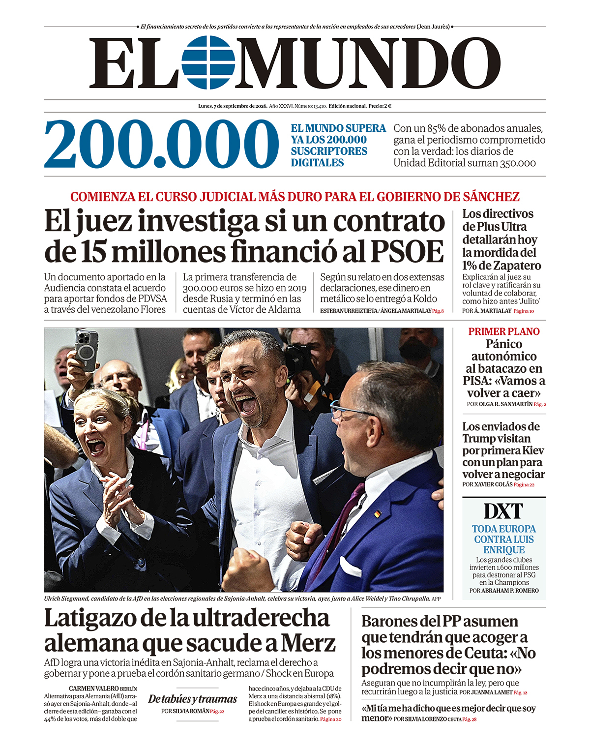 Portada de EL MUNDO del día 6 de septiembre que revela el contrato ficticio.