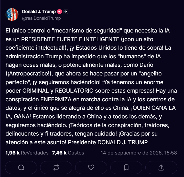 Captura de pantalla del mensaje de Donald Trump en Truth Social.