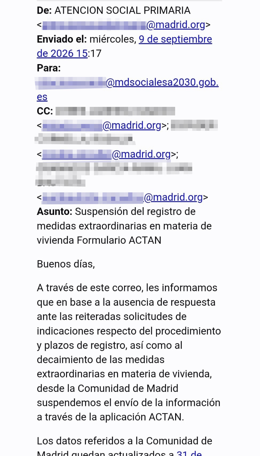 El correo con el que la Comunidad anunciaba al Ministerio el cese de las comunicaciones.