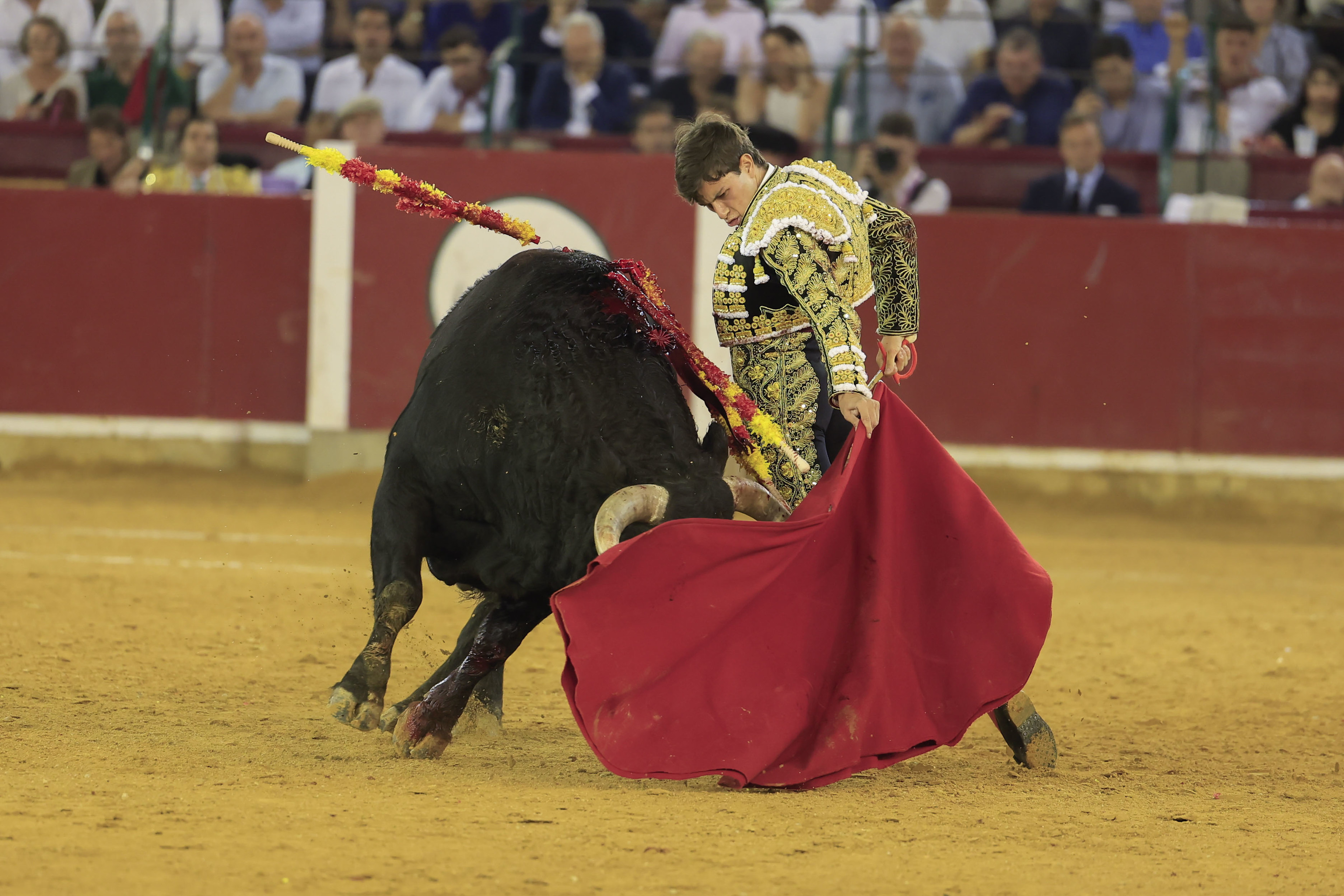 El torero Aarón Palacio con el sexto toro durante la corrida de la Feria del Pilar celebrada este viernes en Zaragoza