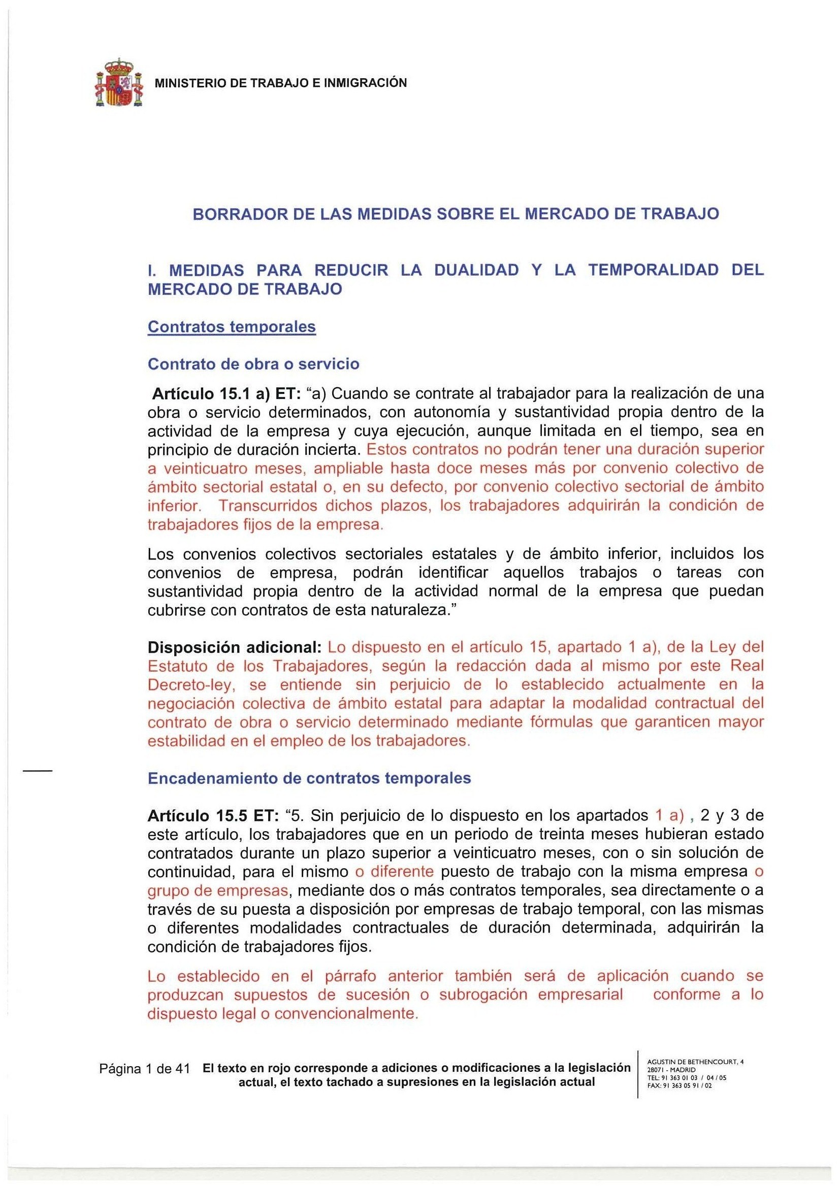 Propuesta del gobierno para la reforma laboral | España | elmundo.es