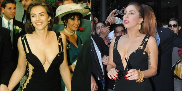 lady gaga liz hurley dress Gaga in Versace pin dress worn by Liz Hurley in '94